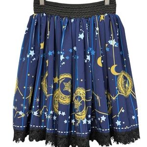 Lolita Star & Moon Celestial Skirt Navy Gold Lace Hem